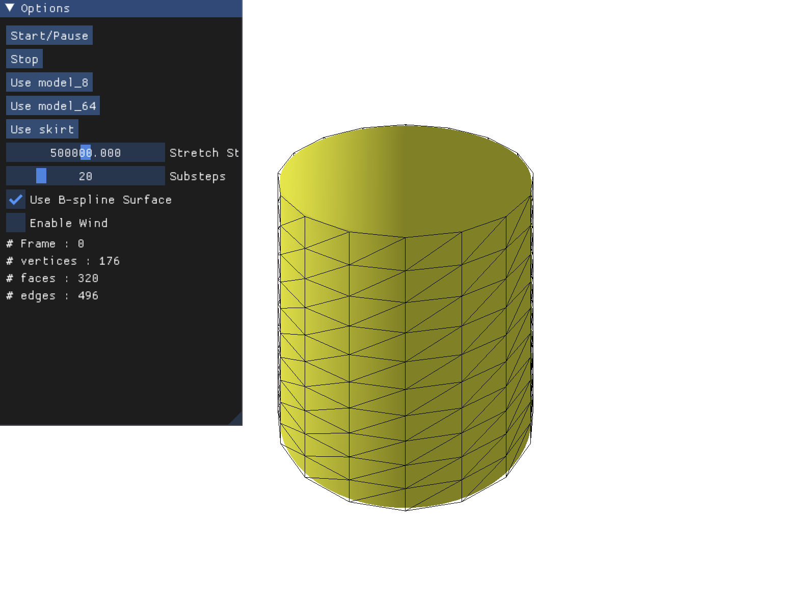 Cloth simulation interface showing a cylindrical mesh with B-spline surface rendering enabled