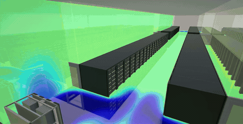 Thermal simulation showing temperature changes around server racks in a large-scale data center